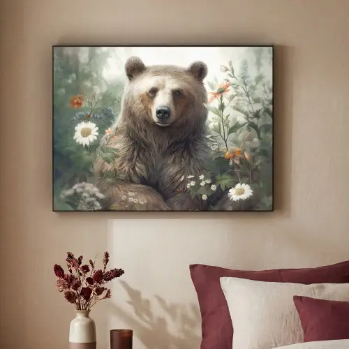 Bruine beer - Wilde dieren - Bloemen - Planten Textielframe - compleet frame klein -sfeer1