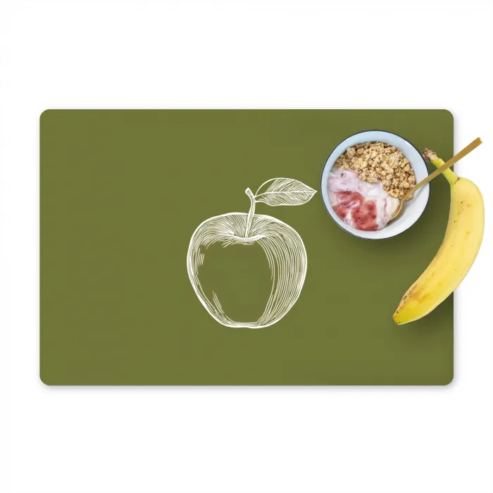 Lijntekening - Appel - Olijfgroen - Blaadje Placemat vinyl groot -zzzproduct_Kitchenyeah-website