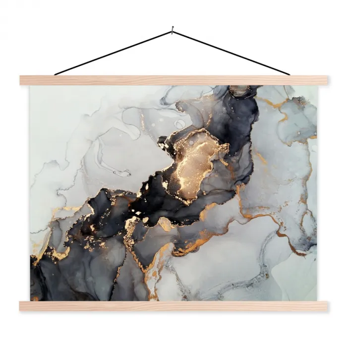 Zwart - Marmer - Luxe - Goud textielposter latten blank klein -3d