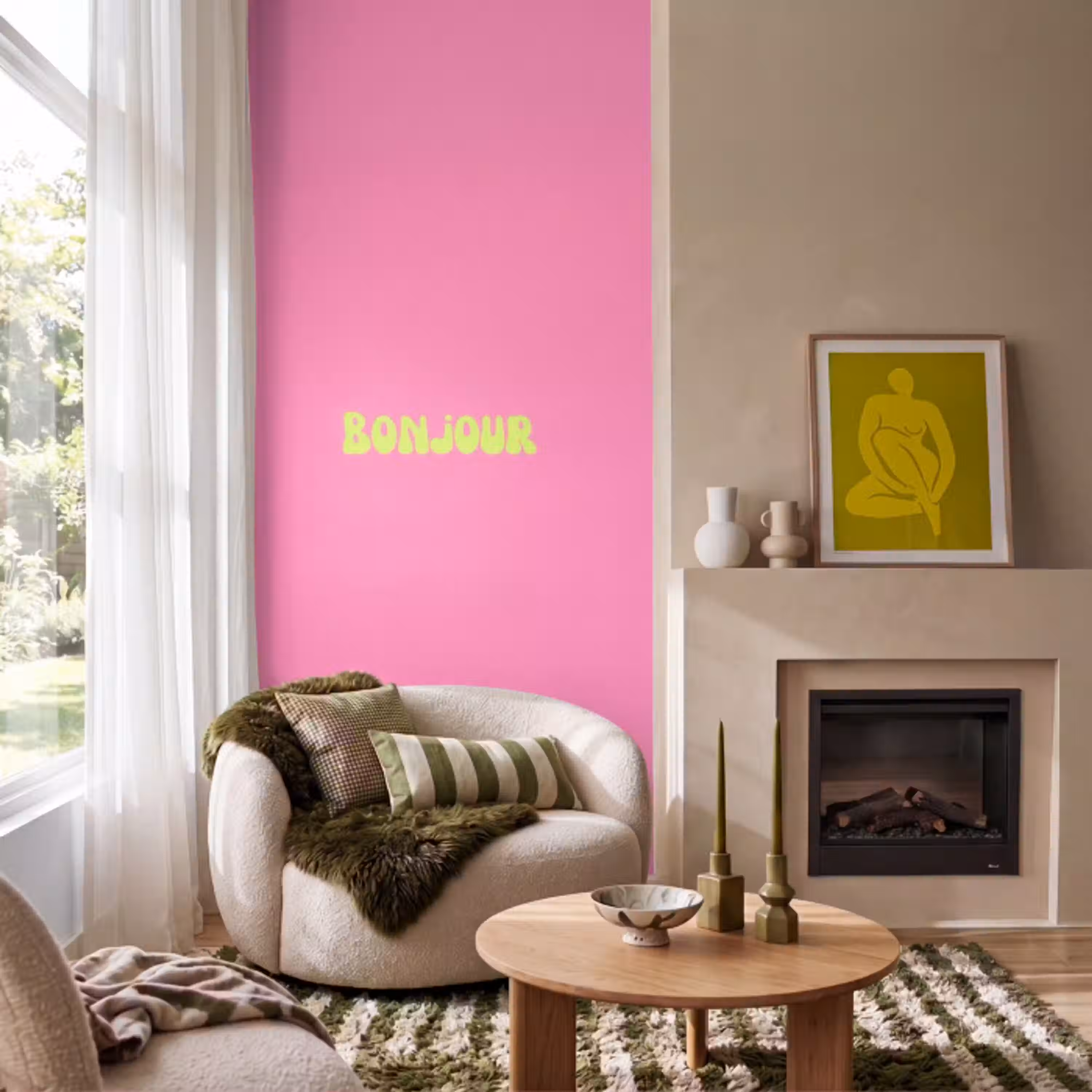 Roze - Groene  - Bonjour - Organisch Behang Vlies klein -sfeer2