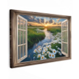 Doorkijk - Landschap - Raam - Water - Zonsondergang Tuinposter op houten frame 2 cm dik klein -3d
