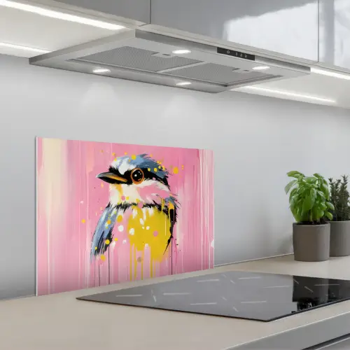 Vogel - Roze - Geel - Blauw keuken achterwand spatscherm klein -3d_schuin