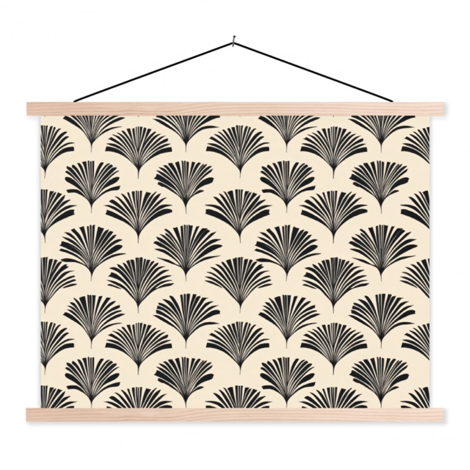 Waaiers - Botanisch - Zwart - Beige textielposter latten blank klein 122 -3d
