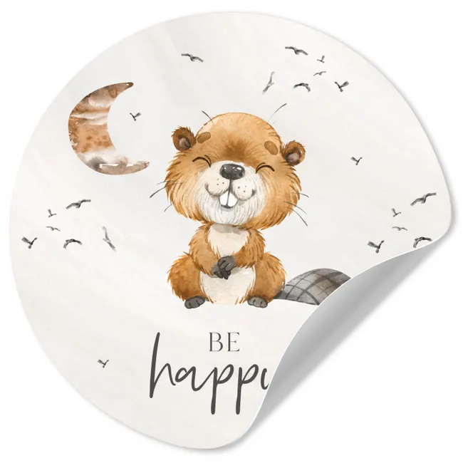 Quotes - Be happy - Kinderen - Maan - Bever - Waterverf Wandcirkel behangsticker klein -3d