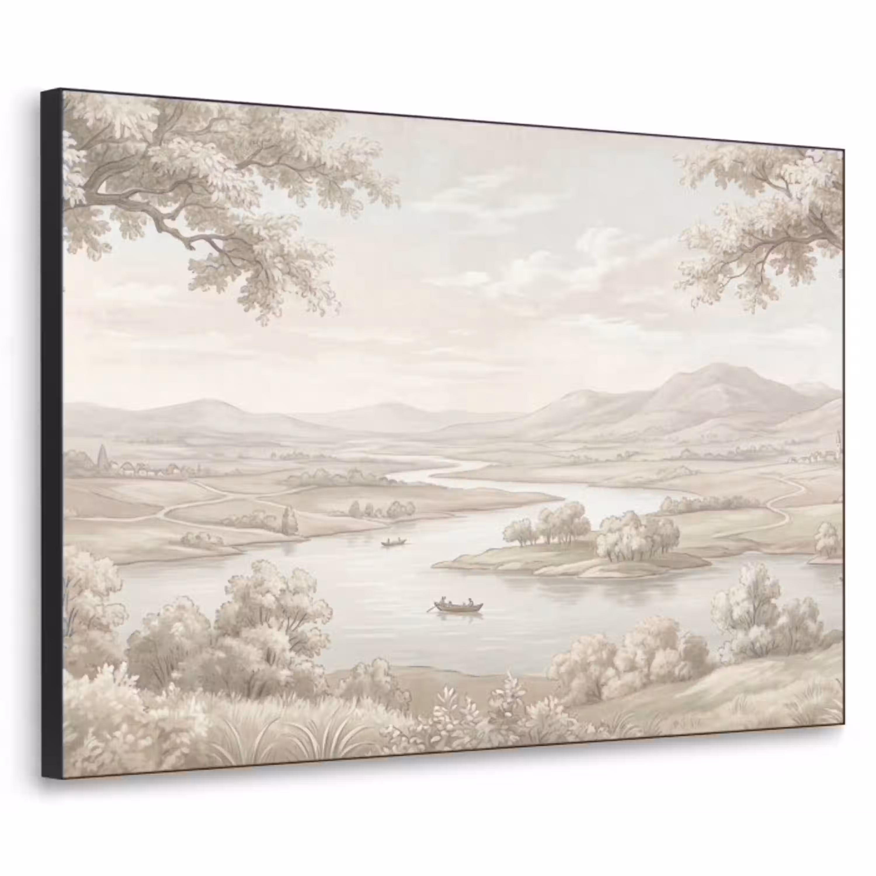 Rivierlandschap - Bergen - Natuur - Vintage - Beige Textielframe zwart klein -3d