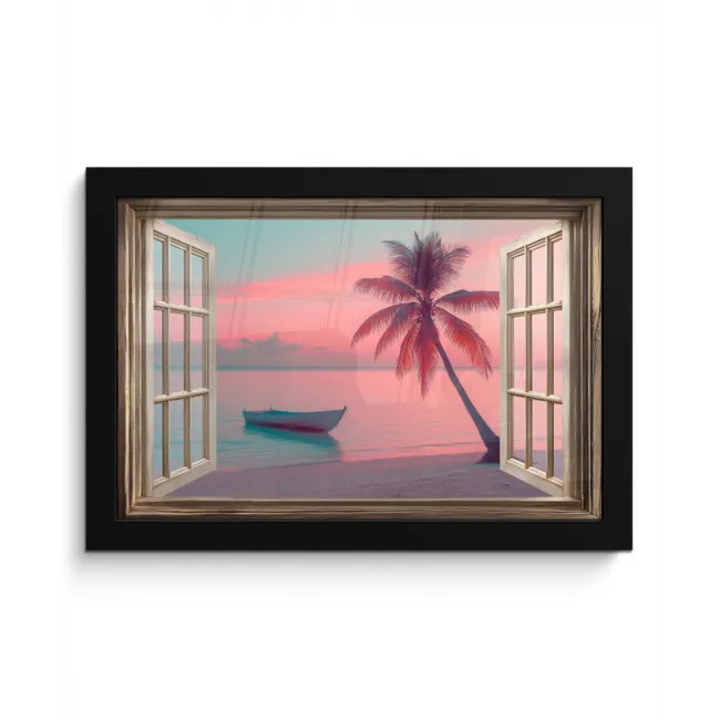 Doorkijk - Strand - Palmboom - Tropisch fotolijst zwart zonder passe partout klein -3d