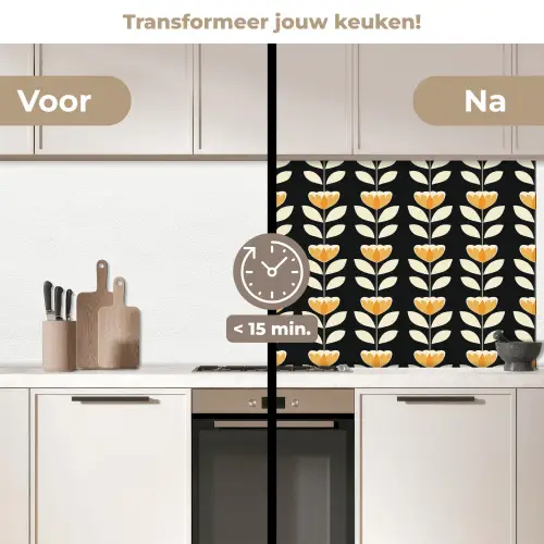 Retro - Bloem - Zwart - Okergeel keuken achterwand 2 middel 871 -voor-na2_NL