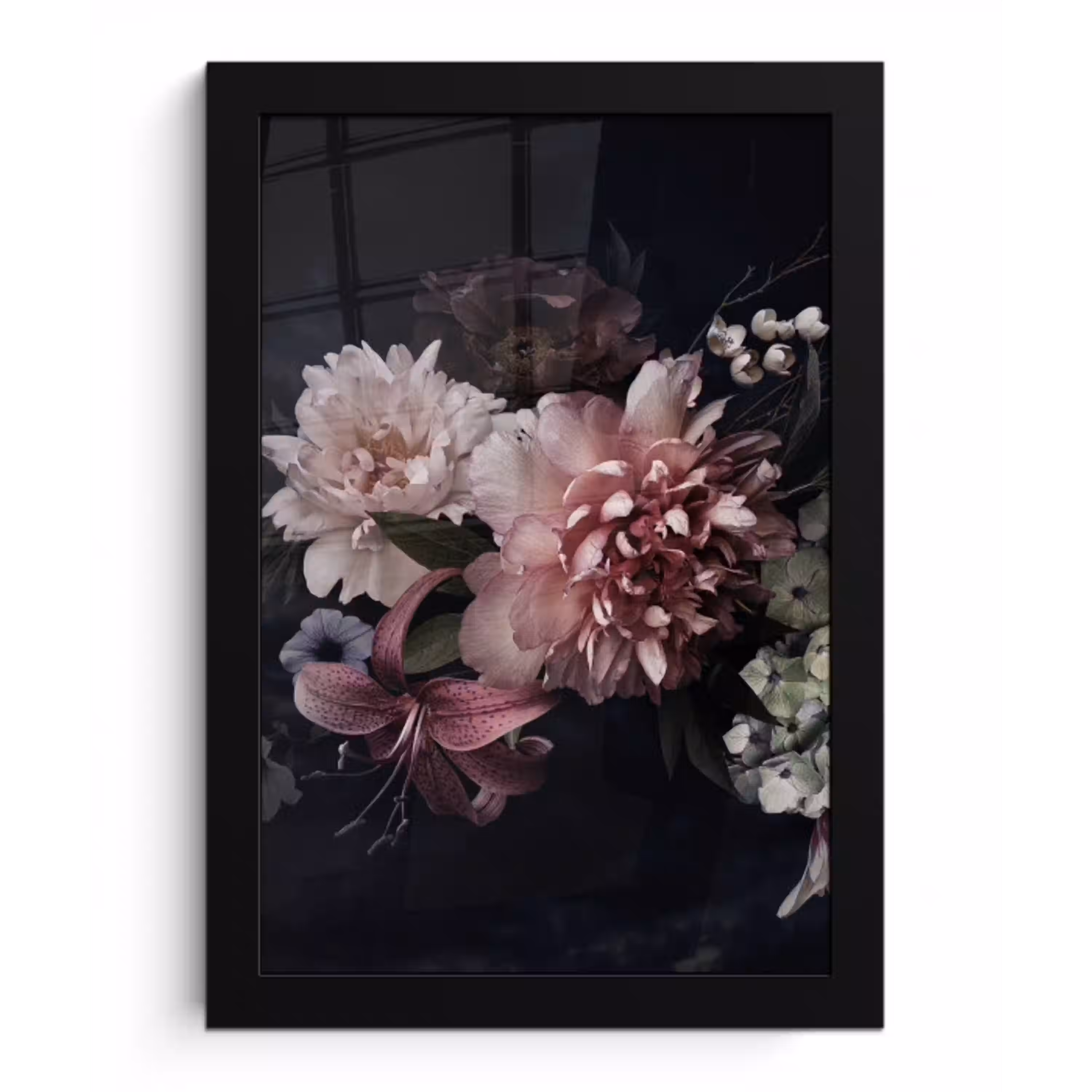 Bloemen - Vintage - Pastel - Zwart - Boeket fotolijst zwart zonder passe partout klein -3d