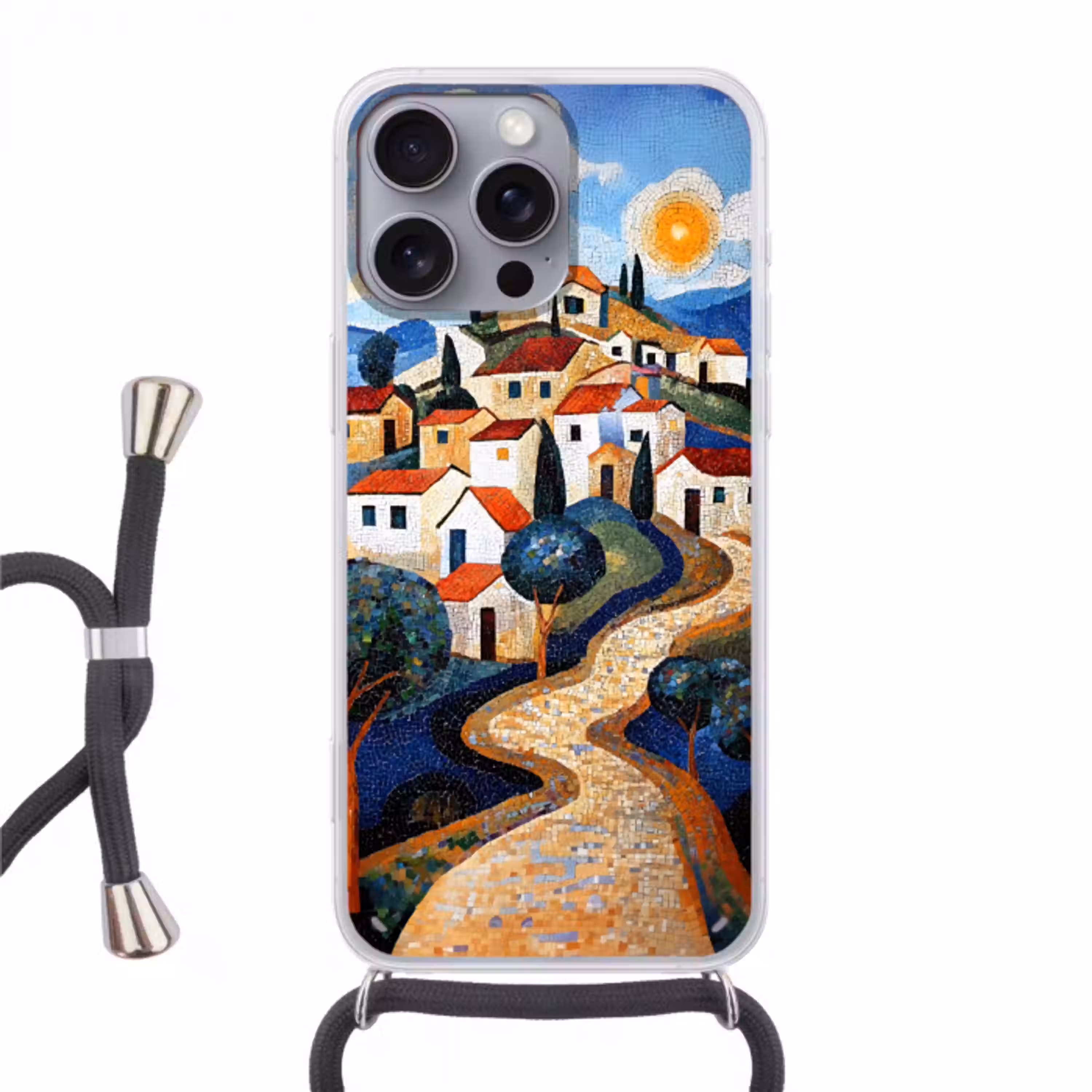 Dorp - Heuvelachtig - Zon - Mozaïek Hoesje iPhone 16 Pro Max met koord klein -3d