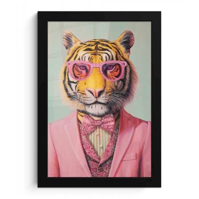 Tijger - Strik - Jasje - Roze fotolijst zwart zonder passe partout klein -3d