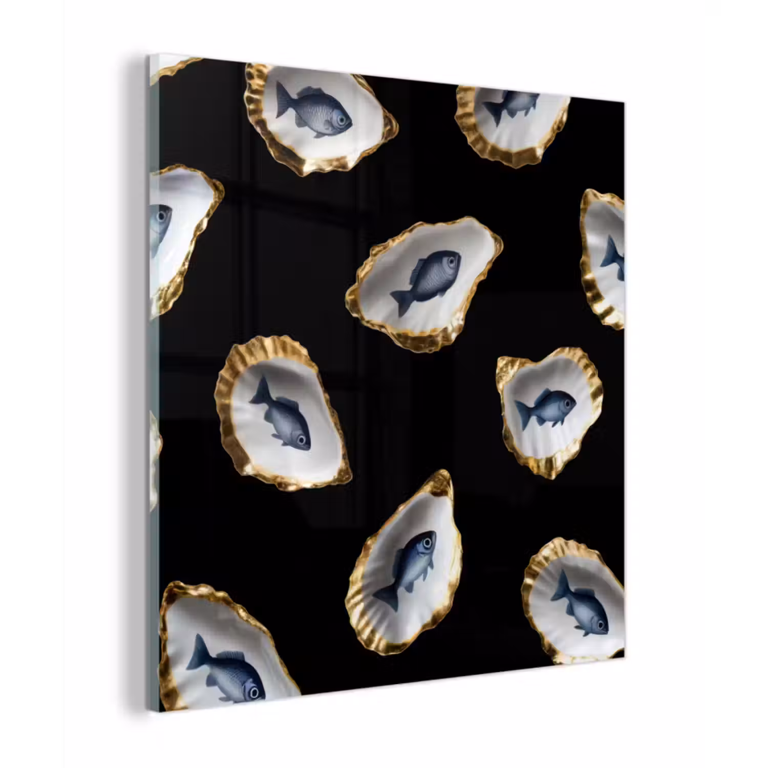 Glas schilderij - Oesters - Vissen - Blauw - Goud