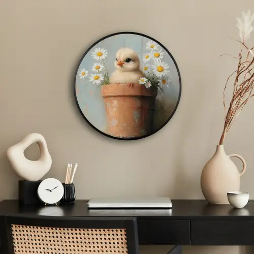 Bloempot - Kuiken - Bloemetjes Fotolijst rond zonder passe partout klein -sfeer1