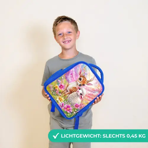Hertje met een lammetje in pastelbloemenveld Kinderrugzak - Blauw middel -sfeer1_NL