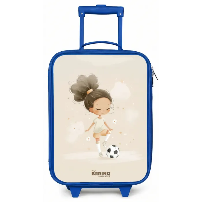 Meisje met een voetbal in beige kleuren Kinderkoffer - Blauw klein -zz3dotto