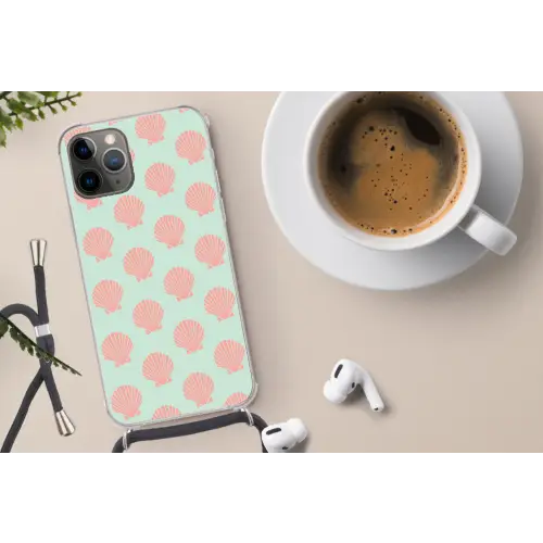 Schelpen - Patroon - Roze - Blauw - Zomer Hoesje iPhone 12 Pro met koord klein -oordop