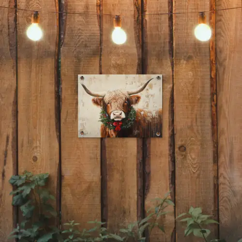 Kerst - Schotse Hooglander - Bruin - Krans tuinposter los doek klein -sfeer1