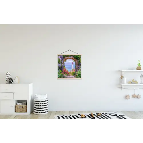 Doorkijk - Vuurtoren - Bloemen - Uitzicht textielposter latten blank klein -kinderkamer