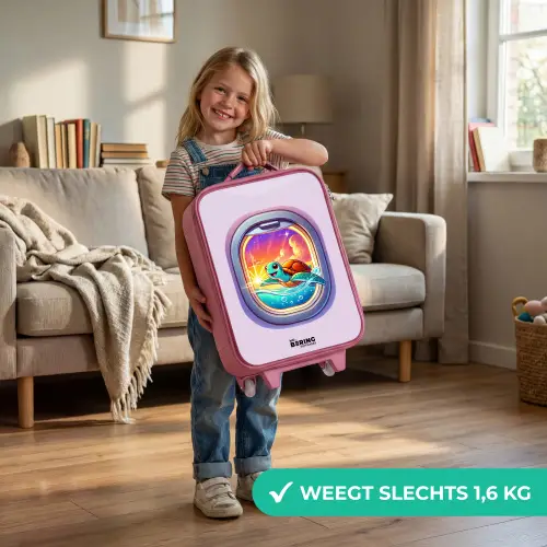 Schildpad die zwemt met zonsondergang Kinderkoffer - Roze klein -sfeer2_NL