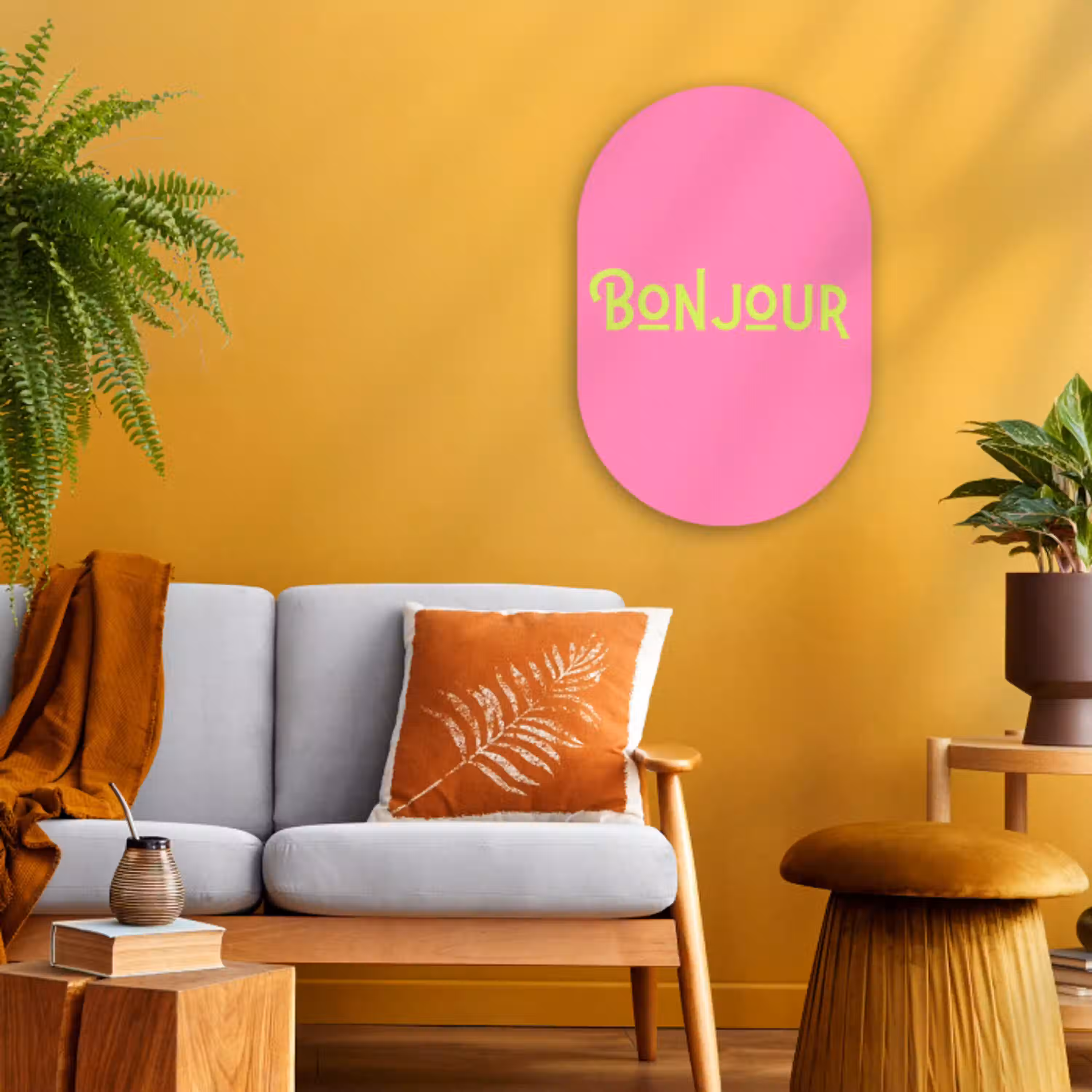 Roze - Groen - Bonjour - Art Wandcirkel Ovaal Forex klein -sfeer4