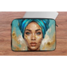 Portret - Vrouw - Schilderij - Blauw - Goud - Expressief laptophoes neopreen klein -tafel