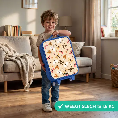 Insectenpatroon in bruin, roze en oranje op beige achtergrond Kinderkoffer - Blauw klein -sfeer2_NL