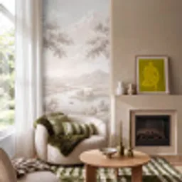 Rivierlandschap - Bergen - Natuur - Vintage - Beige Behang Vlies klein -sfeer2