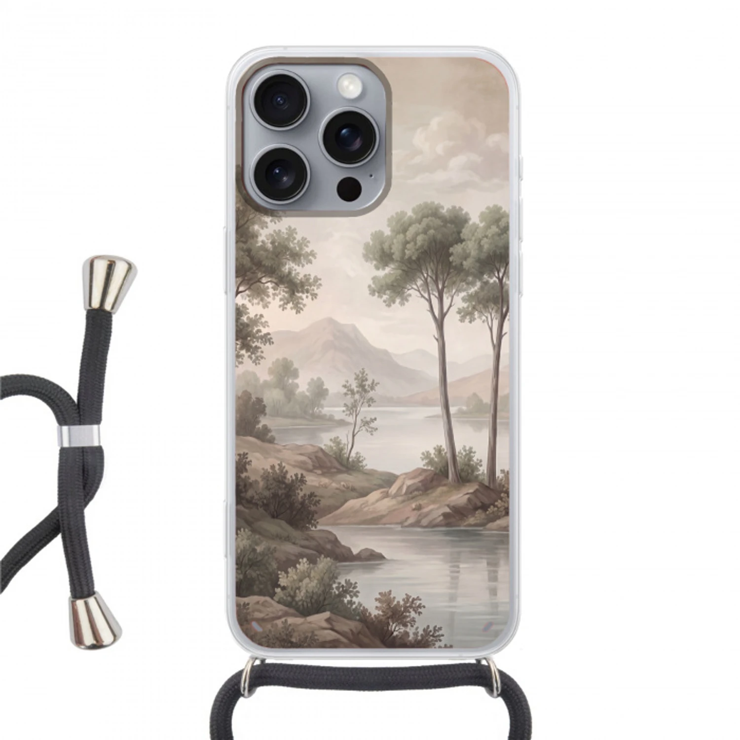 Bomen - Meer - Bergen - Illustratie Hoesje iPhone 16 Pro Max met koord klein -3d