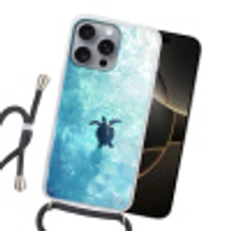 Schildpad - Zee - Blauw - Schittering Hoesje iPhone 16 Pro Max met koord klein -sfeer1