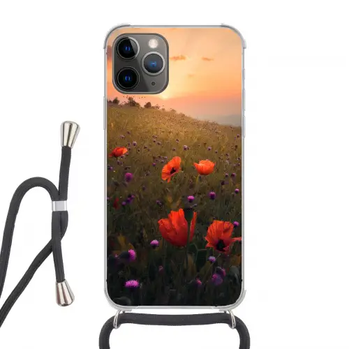 Bloemenveld - Gras - Bloemen - Planten - Zonsondergang - Oranje Hoesje iPhone 12 Pro met koord klein -3d