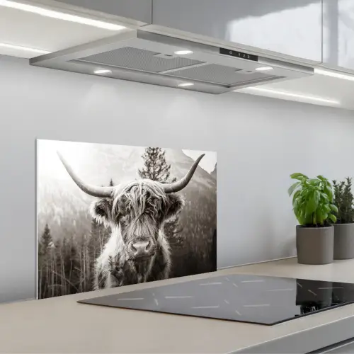 Schotse hooglander - Koe - Dieren - Zwart - Wit keuken achterwand spatscherm klein -3d_schuin