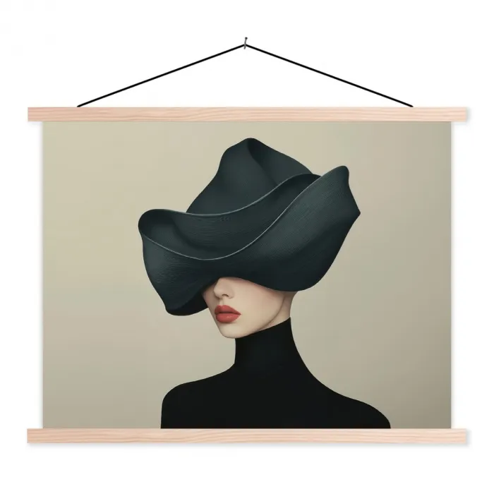 Vrouw - Groen - Hoed textielposter latten blank klein -3d