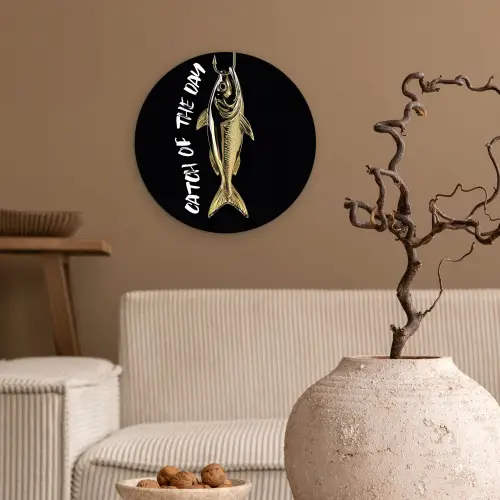 Vis - Zwart - Goud - Tekst Wandcirkel kunststof plaat 5mm dik klein -sfeer1