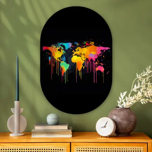 Wereldkaart - Verf - Kleurrijk - Graffiti - Wereld Wandcirkel Ovaal Glas middel -sfeer2