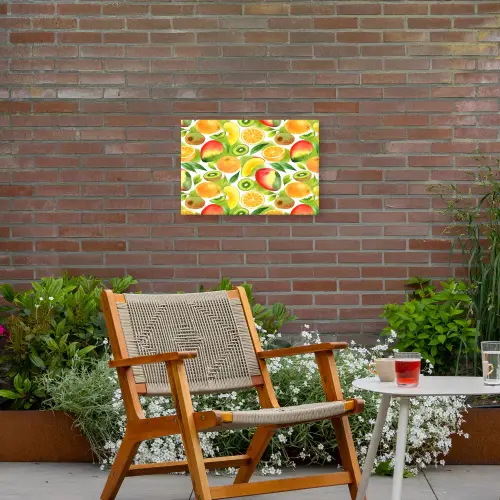 Kiwi - Sinasappel - Mango - Perzik Tuinposter op houten frame 2 cm dik klein 845 -sfeer3