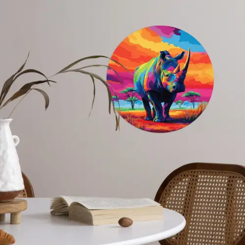 Neushoorn - Zonsondergang - Savanna - Kleurrijk Wandcirkel behangsticker klein -sfeer3