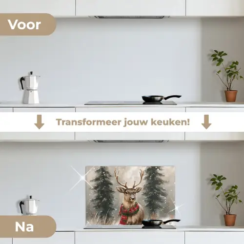 Winter - Bos - Rendier - Donker keuken achterwand spatscherm klein -voor_na_NL