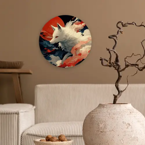 Witte vos - wolken - maan Wandcirkel kunststof plaat 5mm dik klein -sfeer1