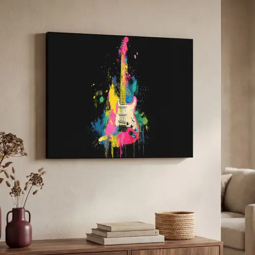 Gitaar - Kleurrijk - Verf Textielframe zwart klein -sfeer3