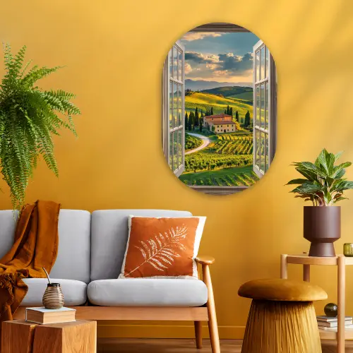 Doorkijk - Toscane - Uitzicht - Landschap - Zomer Wandcirkel Ovaal Glas middel -sfeer4