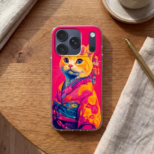 Kat - Kimono - Bloemen - Roze Telefoonhoesje iPhone 17 Pro klein -sfeer1