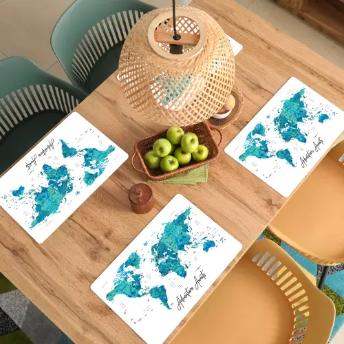 Wereldkaart - Blauw - Kleurrijk Placemat vinyl groot -zzsfeer5_Kitchenyeah-website