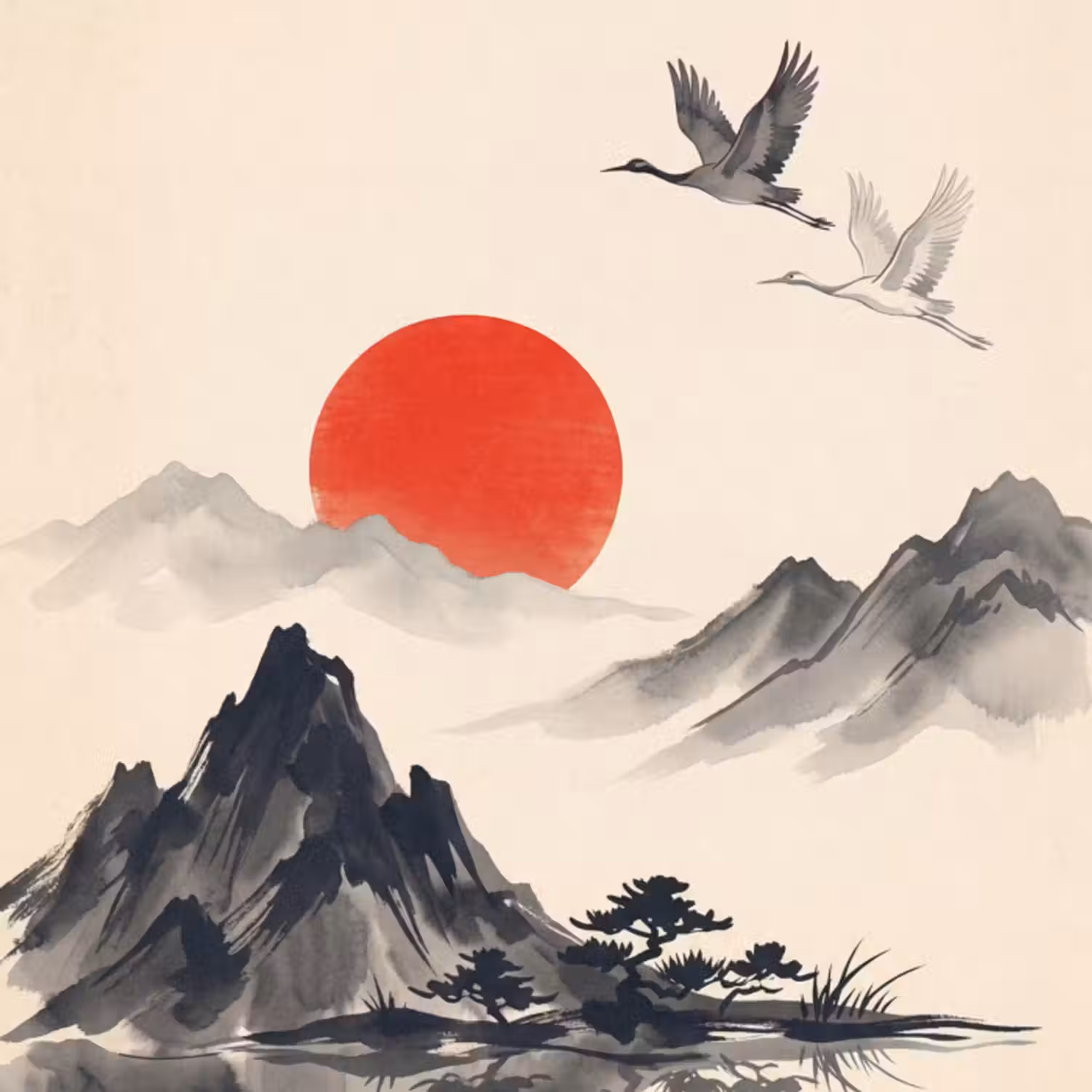Tapete - Orientalisch - Kraniche - Landschaft