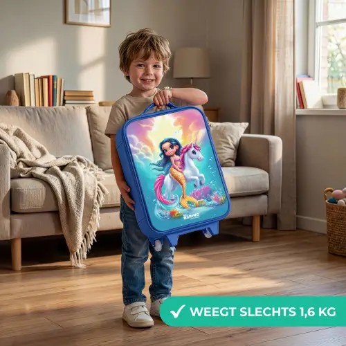 Zeemeermin met gouden staart met een witte eenhoorn Kinderkoffer - Blauw klein -sfeer2_NL