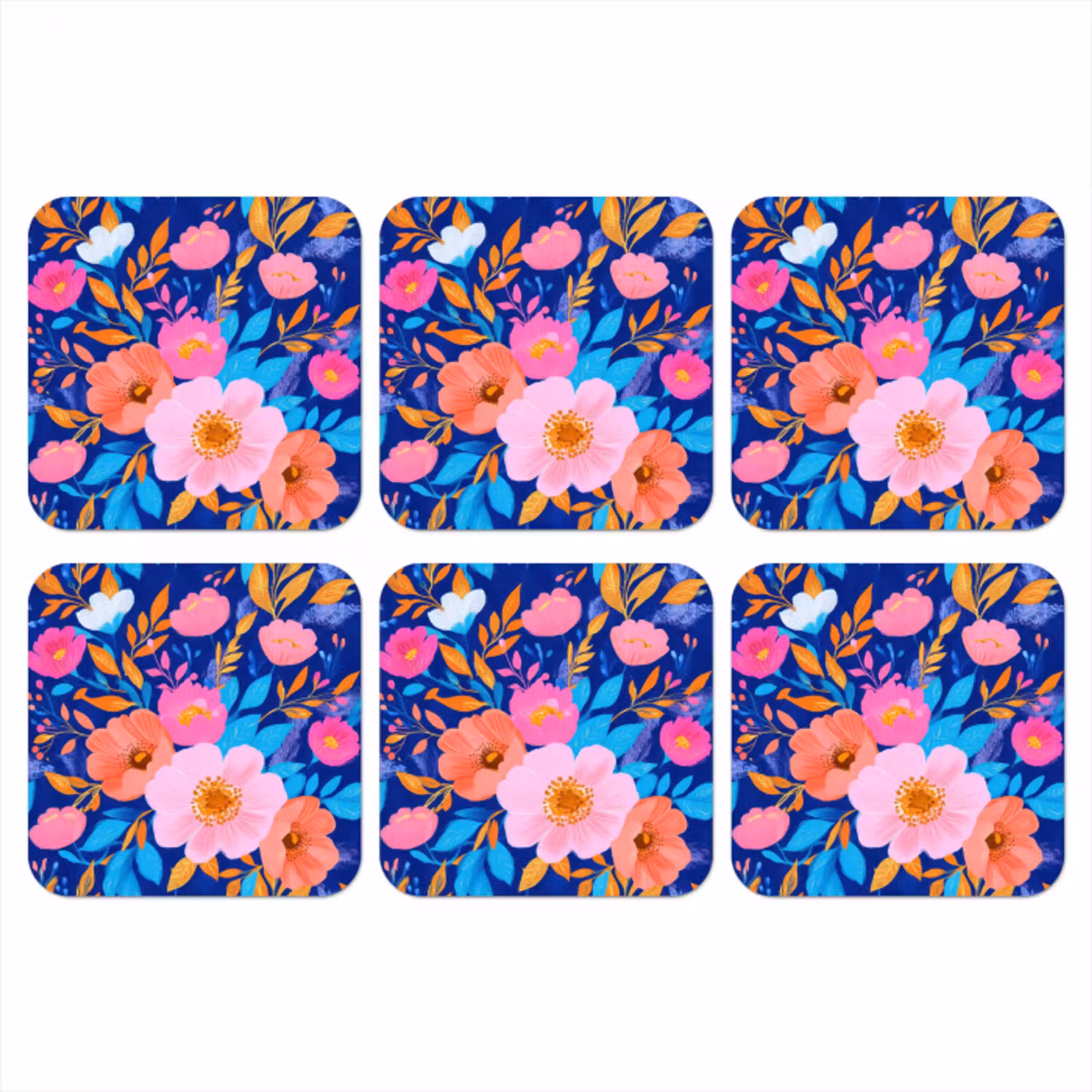 Bloemen - Blauw - Roze onderzetter kurk middel -3d