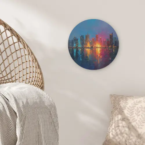 Skyline - Penseelstreken - Donkerblauw - Lichtgevend Akoestische PET Vilt - Rond klein -sfeer4