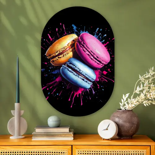Macarons - Dessert - Graffiti - Kleurrijk - Roze - Blauw - Geel Wandcirkel Ovaal Glas middel -sfeer2