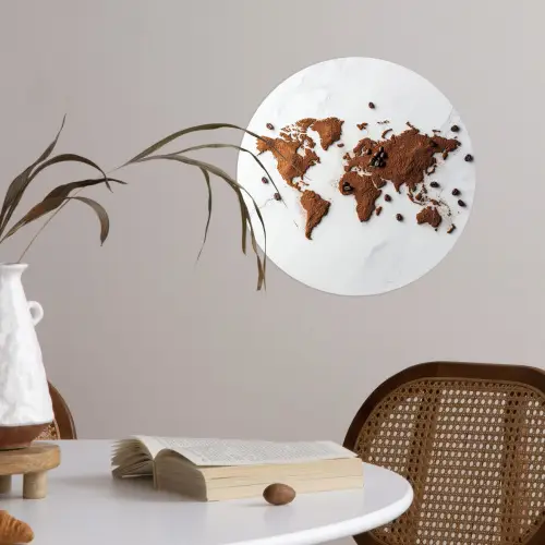 Wereldkaart - Koffie - Marmer Wandcirkel behangsticker klein -sfeer3