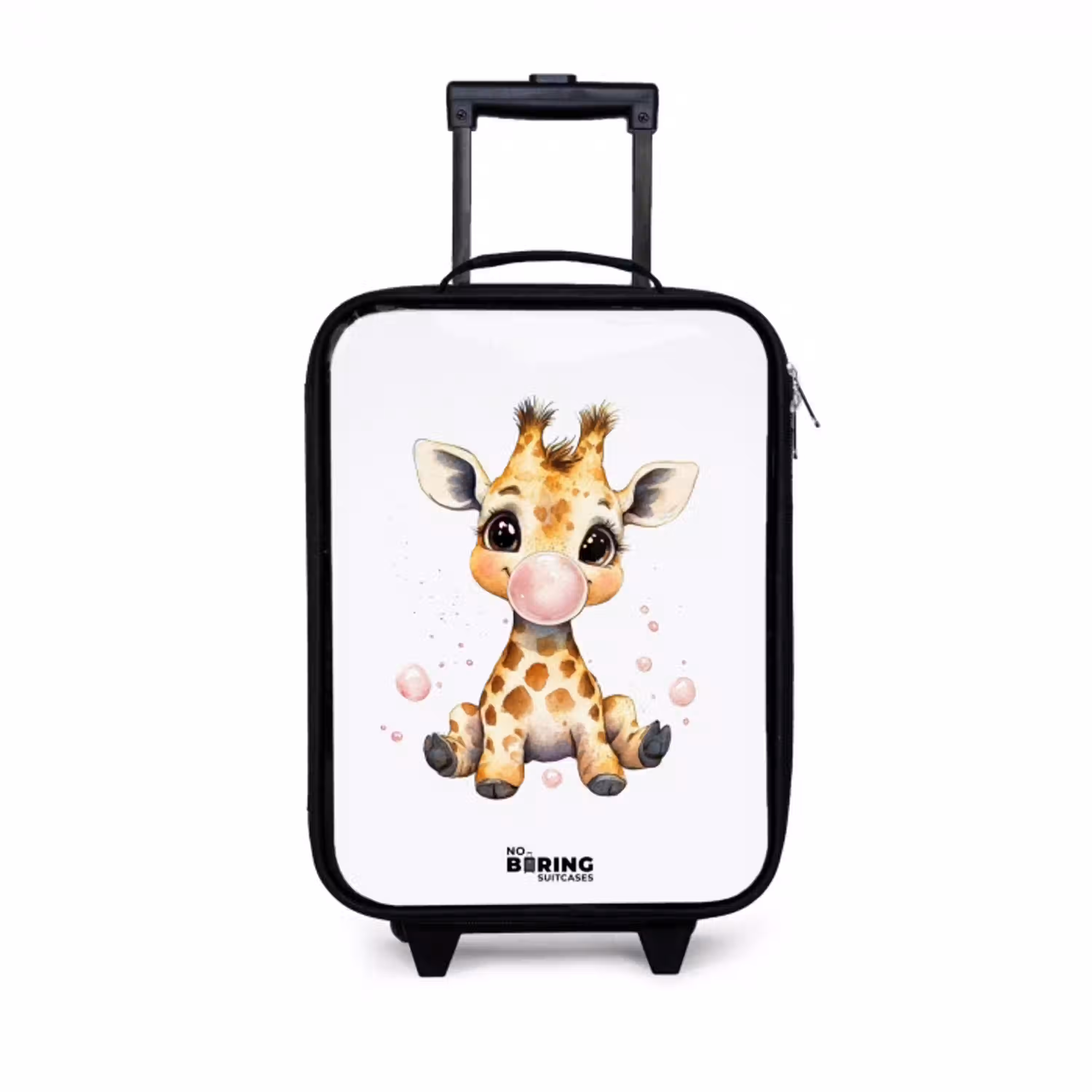 Giraffe met roze kauwgombal Kinderkoffer - Zwart klein -3d