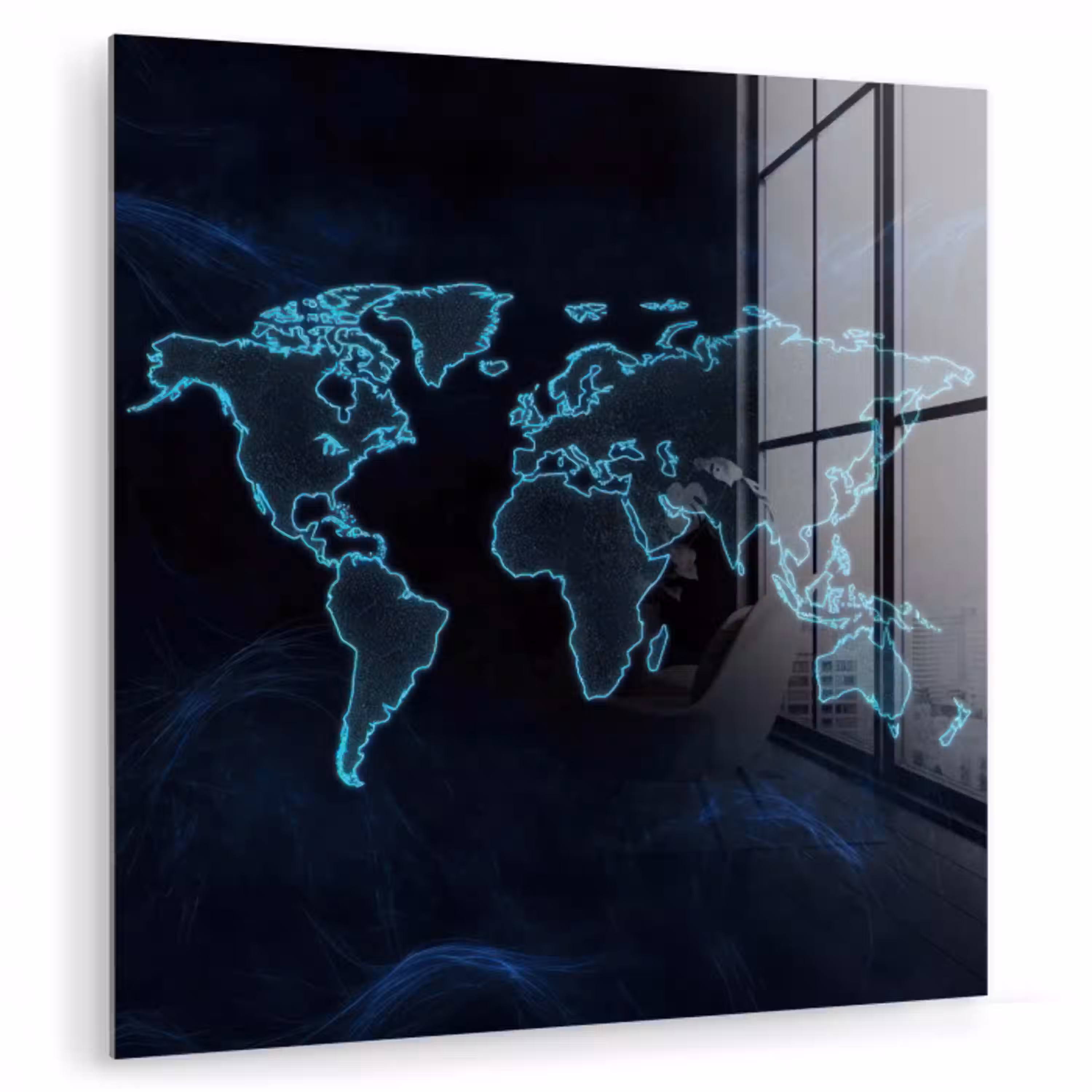 Wereldkaart - Digitaal - Neon - Blauw plexiglas 5mm klein -zzzproduct_nieuw