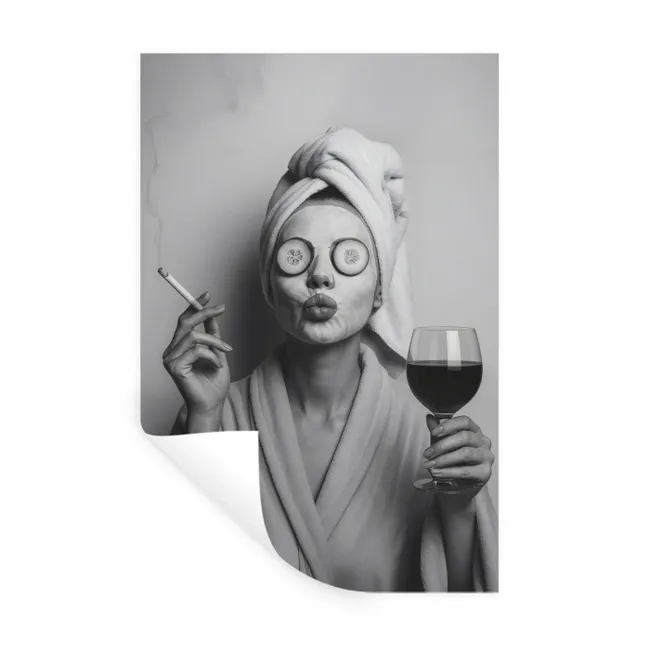 Vrouw - Masker - Wijn - Sigaret Muursticker klein -3d